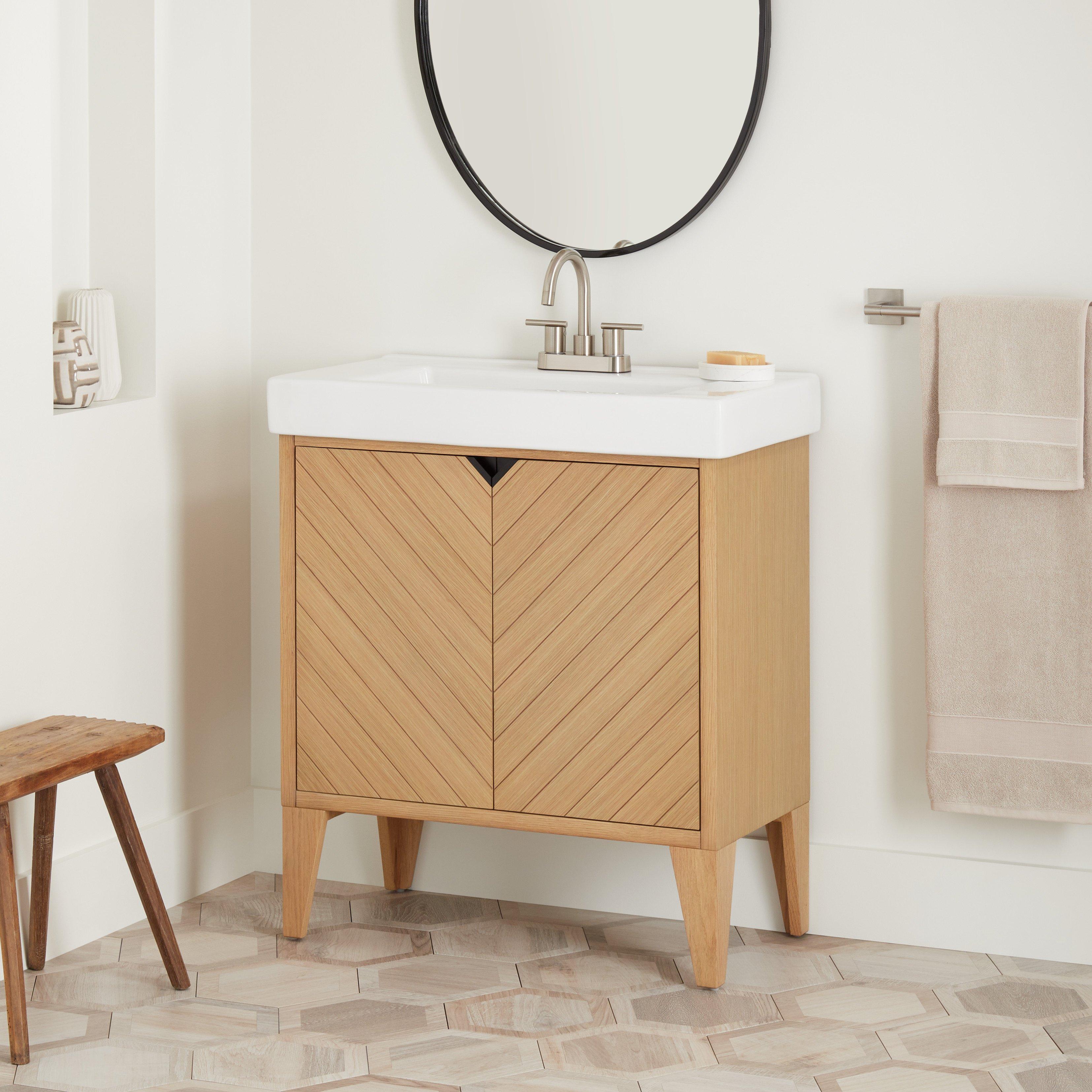30 inch Fircrest Vanity with Integral Sink - Sandy Oak for narrow depth vanities