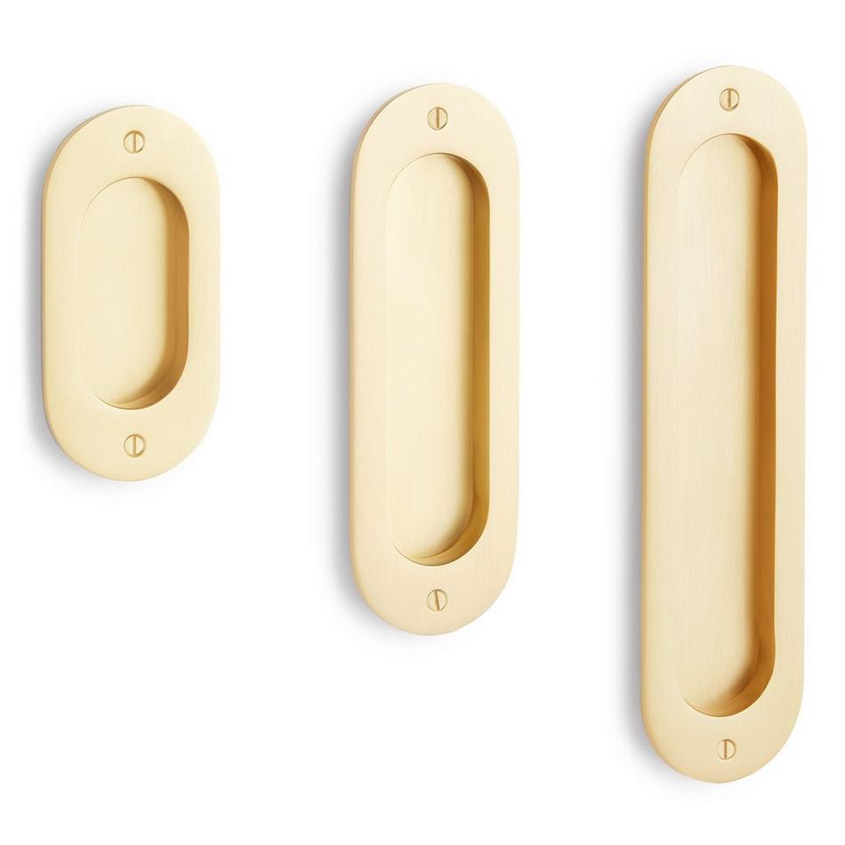 4" Elongated Oval Recessed Brass Pocket Door Pull- Satin Brass, , large image number 1