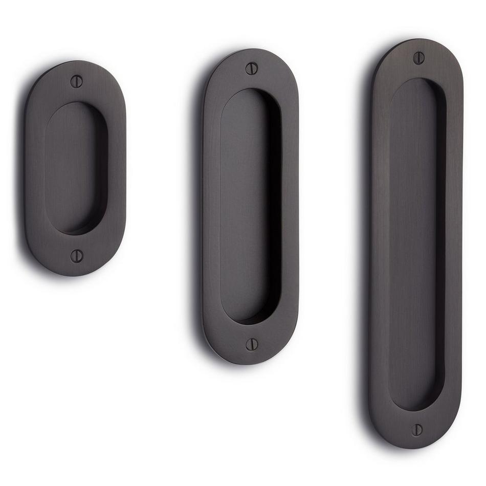 6" Elongated Oval Recessed Brass Pocket Door Pull- Matte Black, , large image number 1