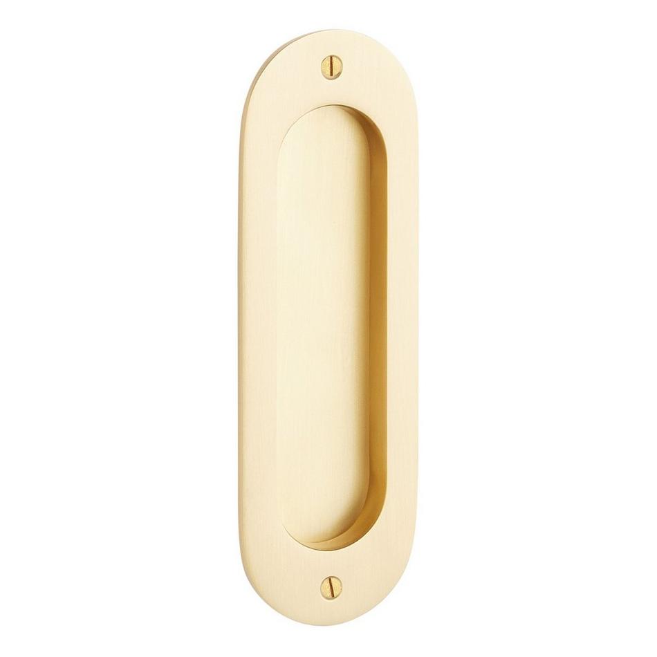 6" Elongated Oval Recessed Brass Pocket Door Pull- Satin Brass, , large image number 0