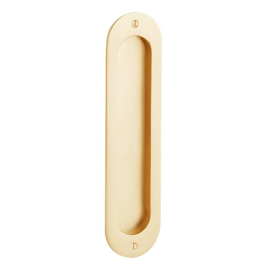 8" Elongated Oval Recessed Brass Pocket Door Pull- Satin Brass, , large image number 0