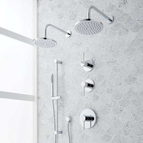 Lexia Thermostatic Shower System with Dual Showerheads, Slide Bar and Hand Shower