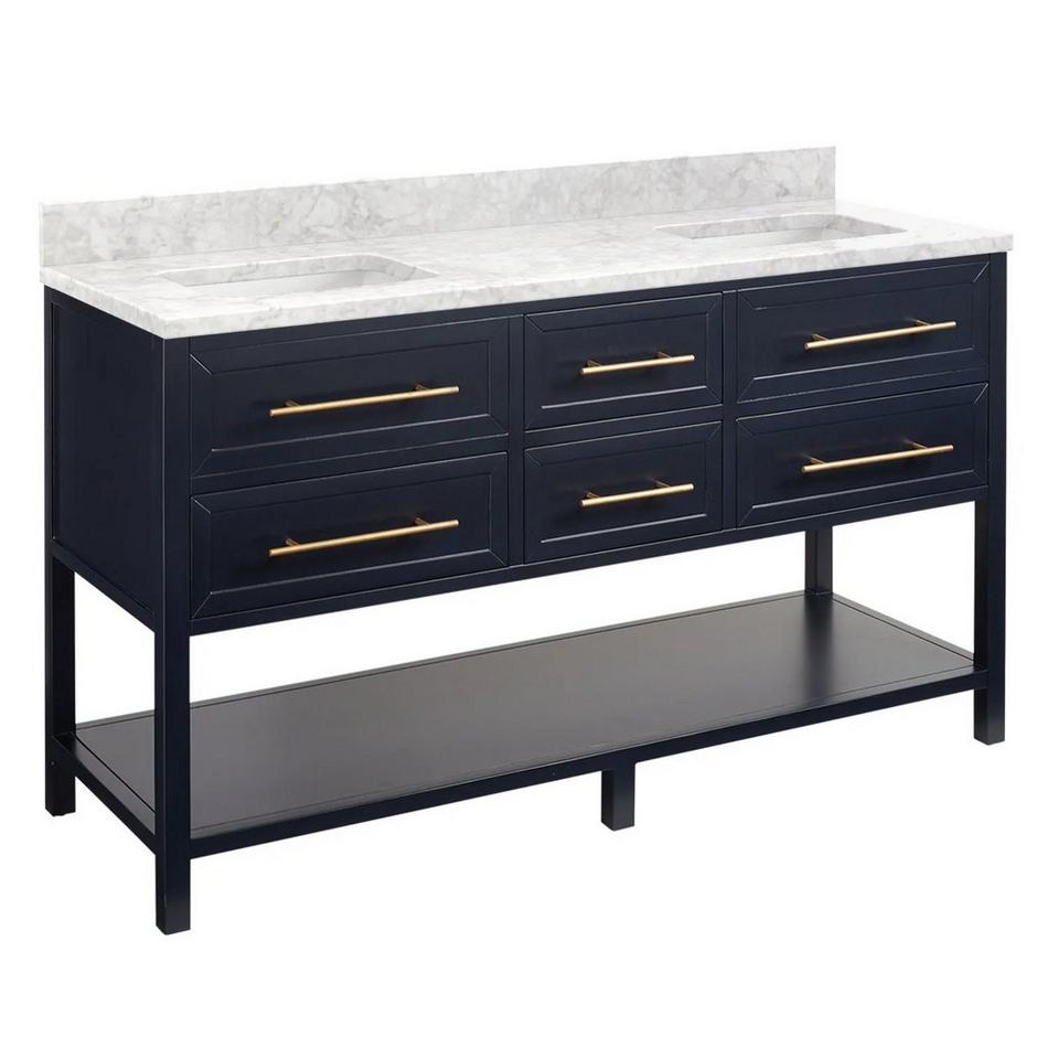 60" Robertson Dbl Vanity - Midnight Navy Blue with Rect Undermount Sinks - Carrara 0 Faucet Holes, , large image number 0