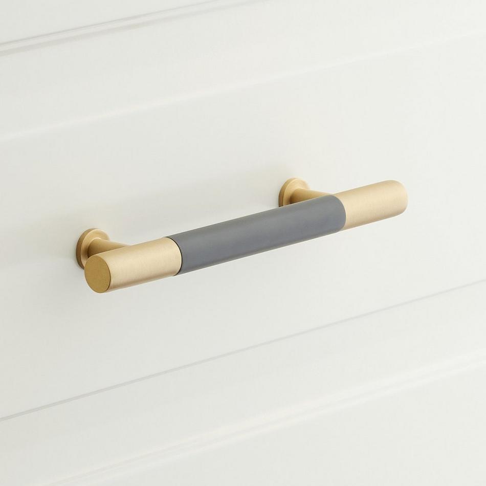 5-1/16" Simbury Enamel & Brass Cabinet Pull - Foggy Haze & Satin Brass, , large image number 0