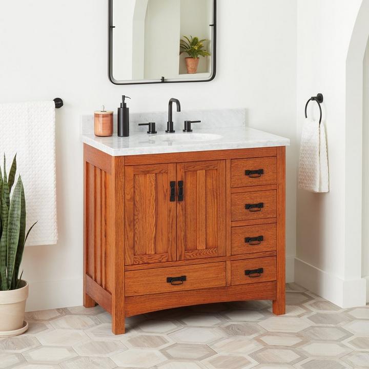 36" Maybeck Vanity - Tinted Oak with Left Offset Undermount Sink - Carrara Marble Widespread vanity top