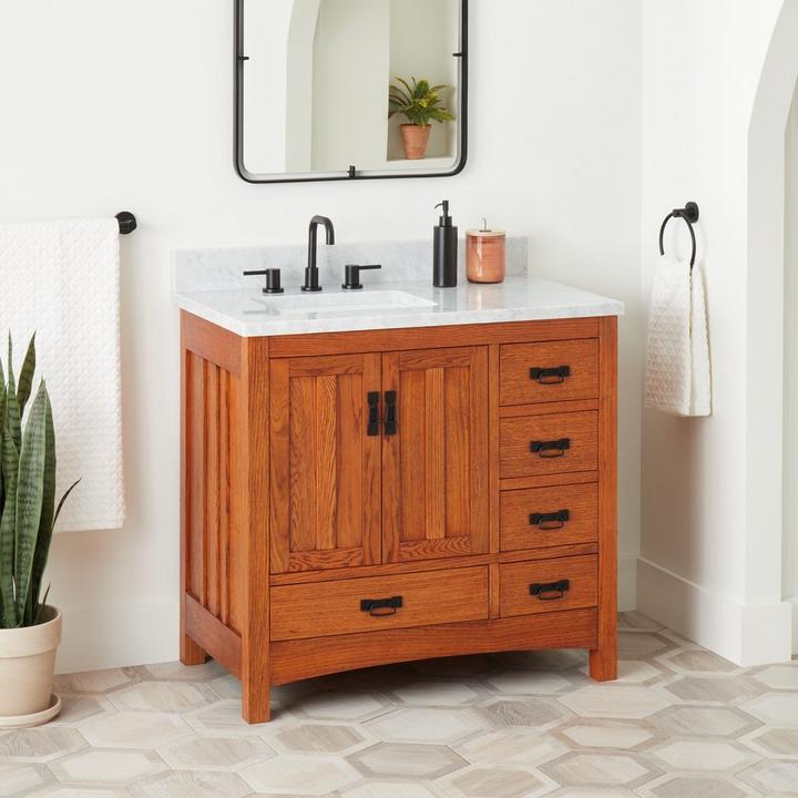 craftsman style bathroom featuring the 36" Maybeck Vanity in Tinted Oak with Left Offset Rectangular Undermount Sink