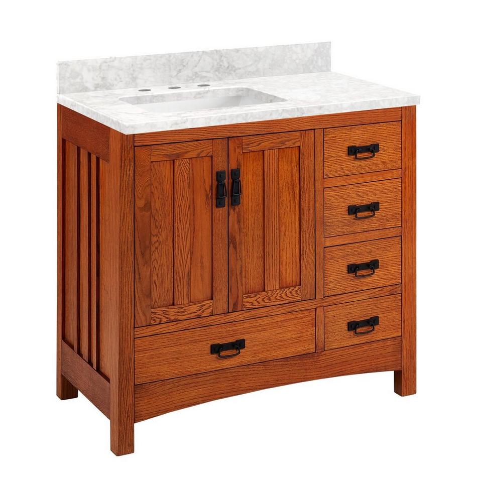 36" Maybeck Vanity - Tinted Oak with Left Offset Rect Undermount Sink - Carrara Marble Widespread, , large image number 1
