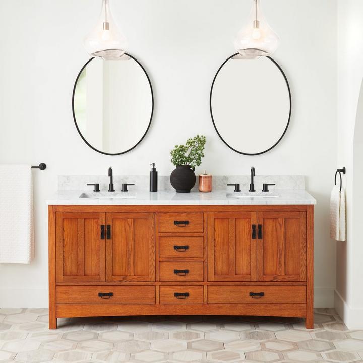 72" Maybeck Double Vanity With Rectangular Undermount sinks - Tinted Oak, Lexia Widespread Faucet in Matte Black