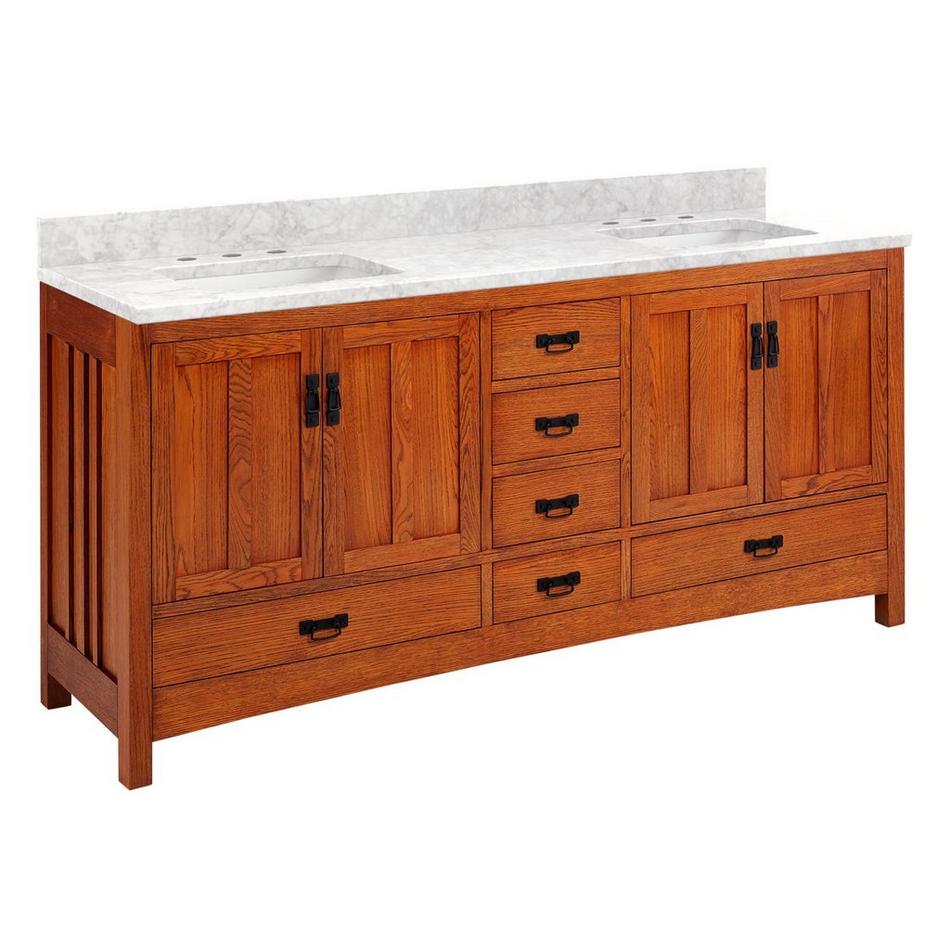 72" Maybeck Double Vanity - Tinted Oak with Rectangular Undermount Sinks - Carrara Marble Widespread, , large image number 1