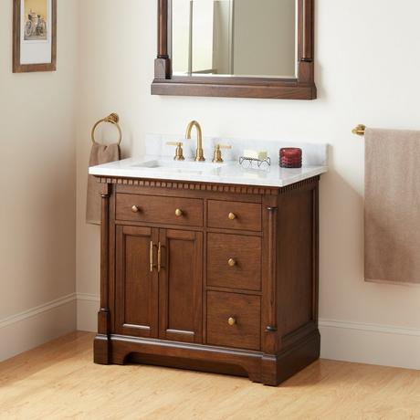 36" Claudia Vanity - Antique Coffee with Left Offset Rect Undermount Sink-Carrara Marble Widespread