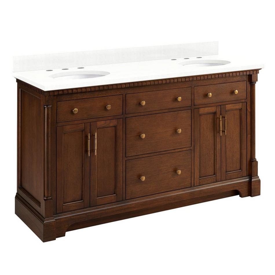 60" Claudia Double Vanity - Antique Coffee with Undermount Sinks - Feathered White Quartz Widespread, , large image number 0