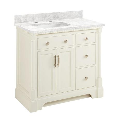 36" Claudia Vanity - White with Left Offset Rectangular Undermount Sink - Carrara Marble Widespread