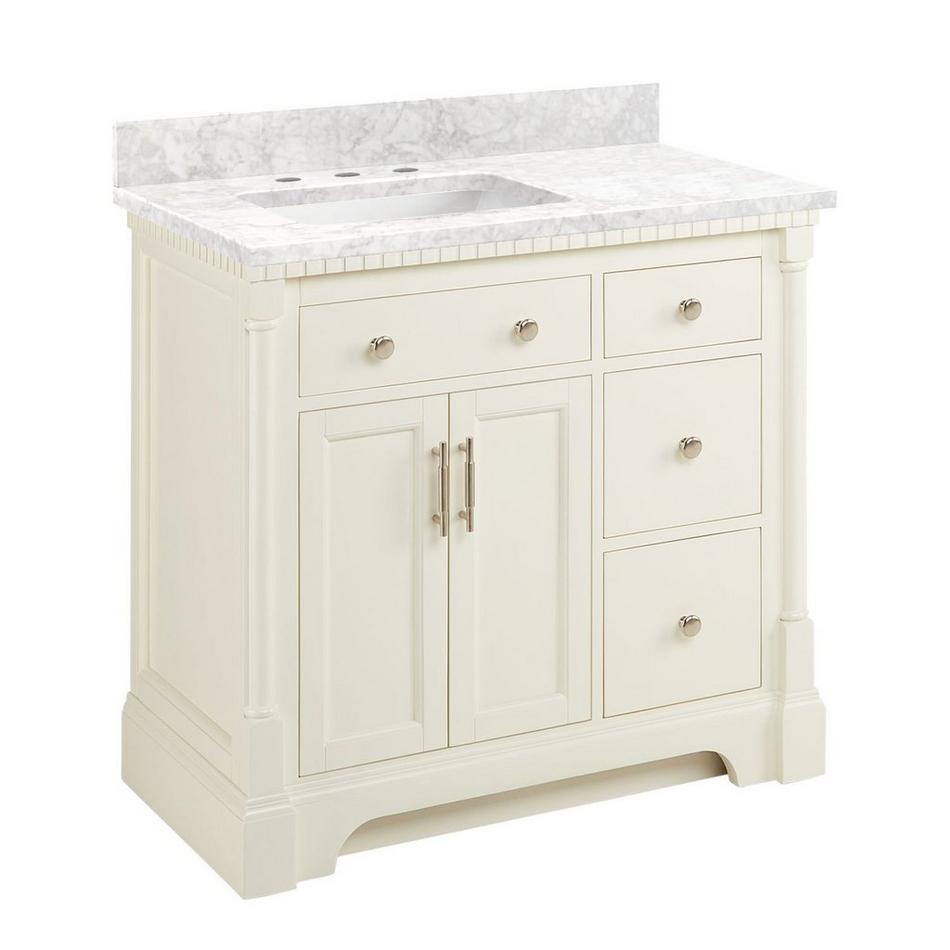 36" Claudia Vanity - White with Left Offset Rectangular Undermount Sink - Carrara Marble Widespread, , large image number 1