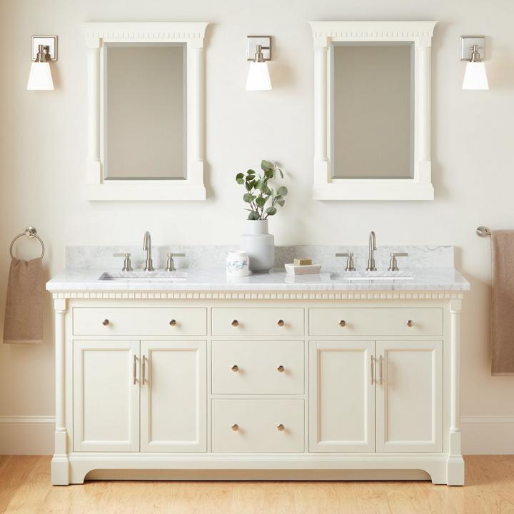 72" Claudia Double Vanity With Rectangular Undermount Sinks - White, Greyfield Widespread Bathroom Faucet in Brushed Nickel