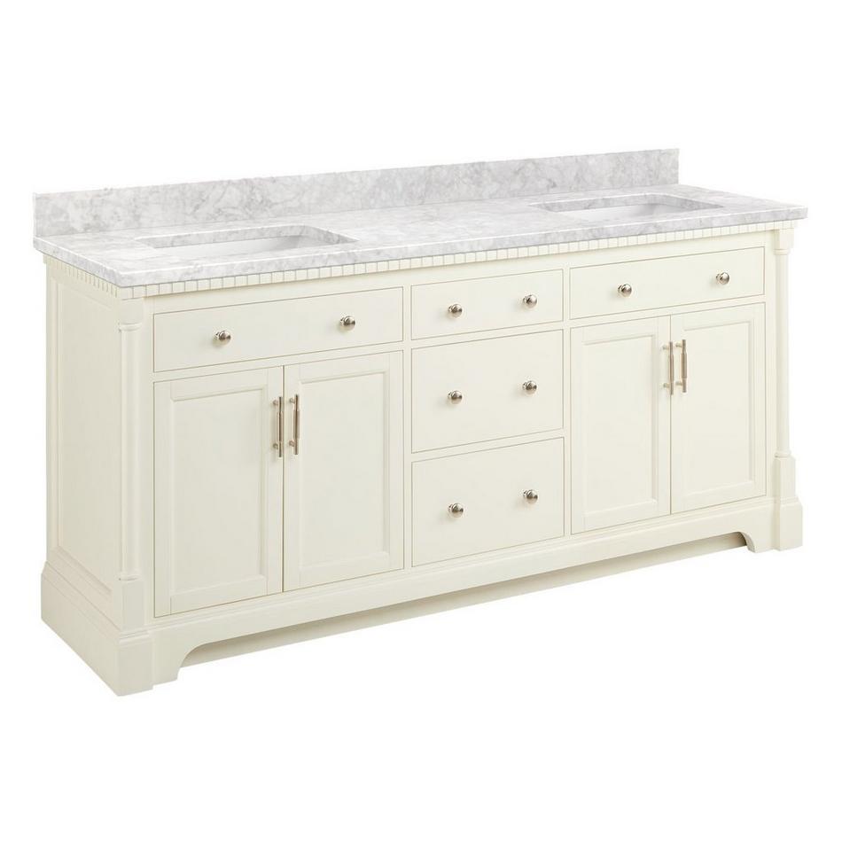 72" Claudia Double Vanity - White with Rectangular Undermount Sinks - Carrara Marble No Faucet Holes, , large image number 0