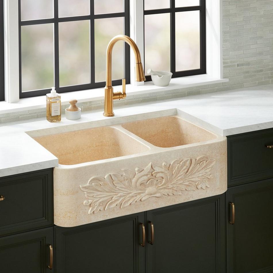 36" Silbury Ivy 60/40 Offset Double Bowl Marble Farmhouse Sink - Egyptian Cream, , large image number 0
