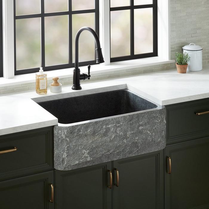 33" Finbrook Chiseled Granite Farmhouse Sink in Blue Gray for installing kitchen fixtures