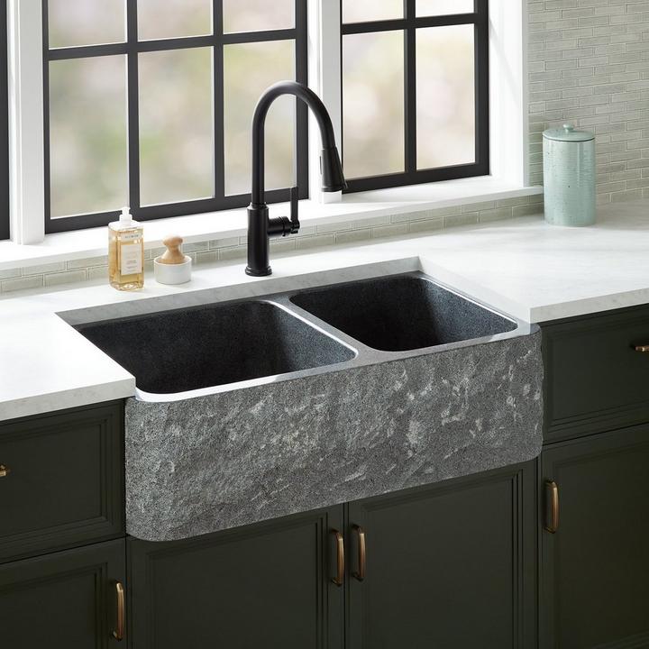 36" Finbrook Chiseled 60/40 Offset Double Bowl Granite Farmhouse Sink in Blue Gray