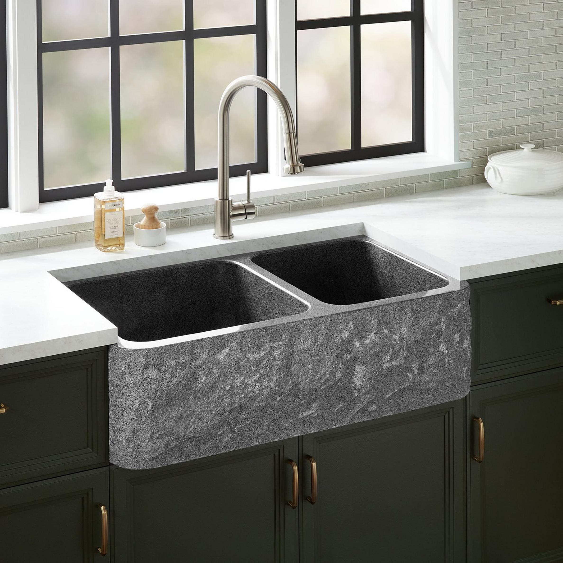 36 Finbrook Chiseled 60 40 Offset Double Bowl Granite Farmhouse Sink