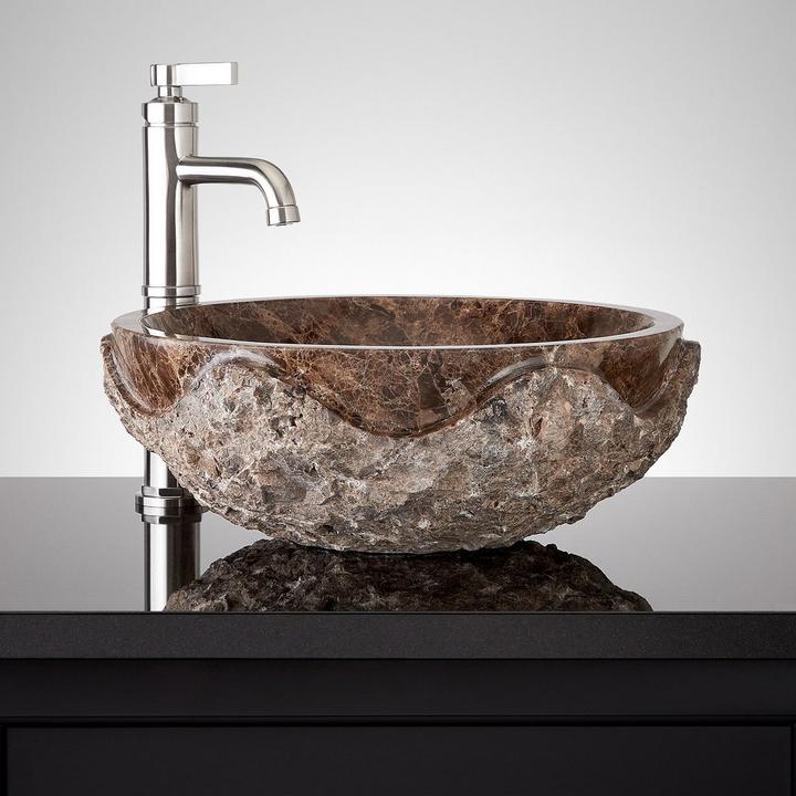Hull Round Marble Vessel Sink in Dark Emperador for natural stone care
