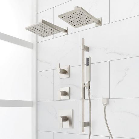 Hibiscus Thermostatic Shower System with Dual Showerheads, Slide Bar and Hand Shower