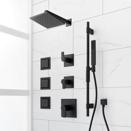 Hibiscus Thermostatic Shower System with 3 Body Sprays, Slide Bar and Hand Shower - Matte Black