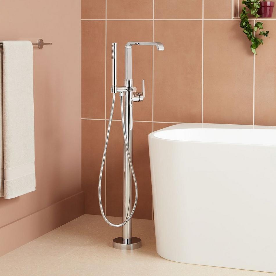 Drea Freestanding Tub Faucet with Hand Shower and Rough-In Valve with Stops - Chrome, , large image number 0