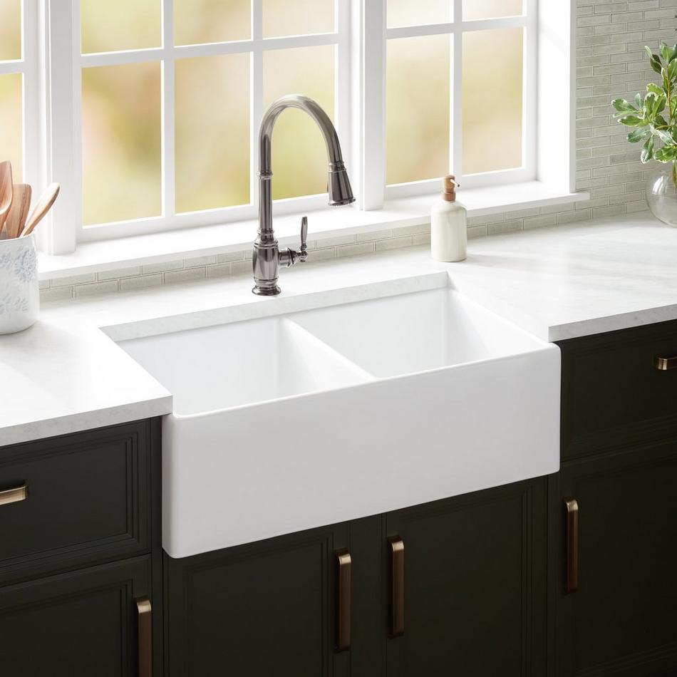 33" Rowena Double Bowl Fireclay Farmhouse Sink - White, , large image number 0