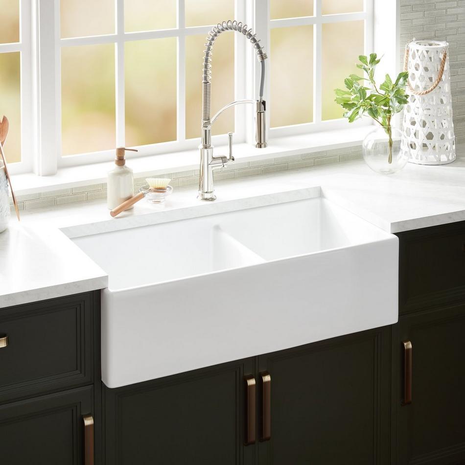 36" Rowena Double Bowl Fireclay Farmhouse Sink - White, , large image number 0