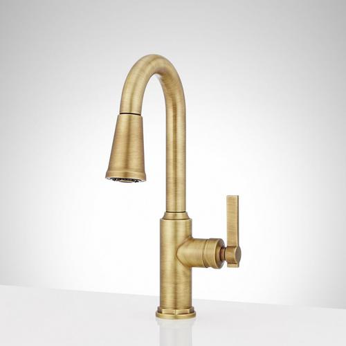 Greyfield Single-Hole Pull-Down Bar Faucet in Aged Brass