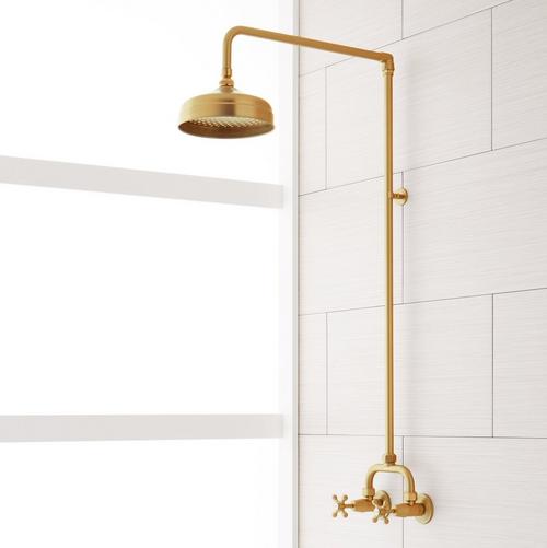 Baudette Exposed Pipe Wall Mount Shower with Rainfall Showerhead in Brushed Gold