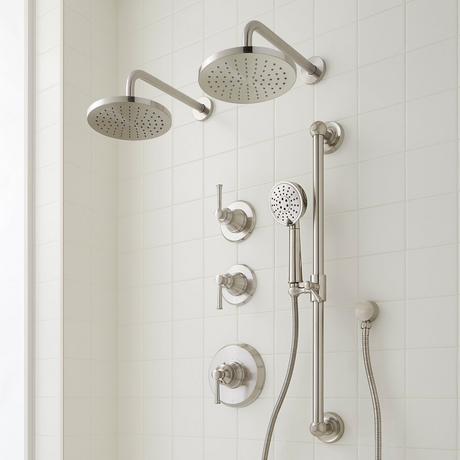 Beasley Thermostatic Shower System with Dual Showerheads, Slide Bar & Hand Shower