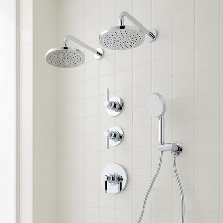 Greyfield Thermostatic Shower System with Dual Showerheads and Hand Shower