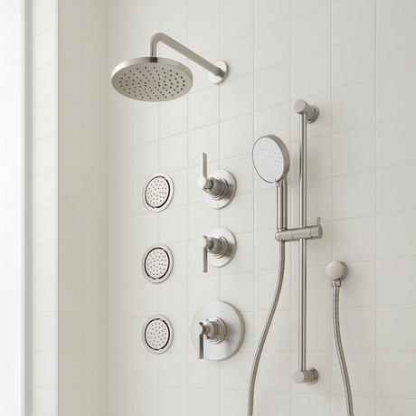 Greyfield Thermostatic Shower System with 3 Body Sprays, Slide Bar and Hand Shower