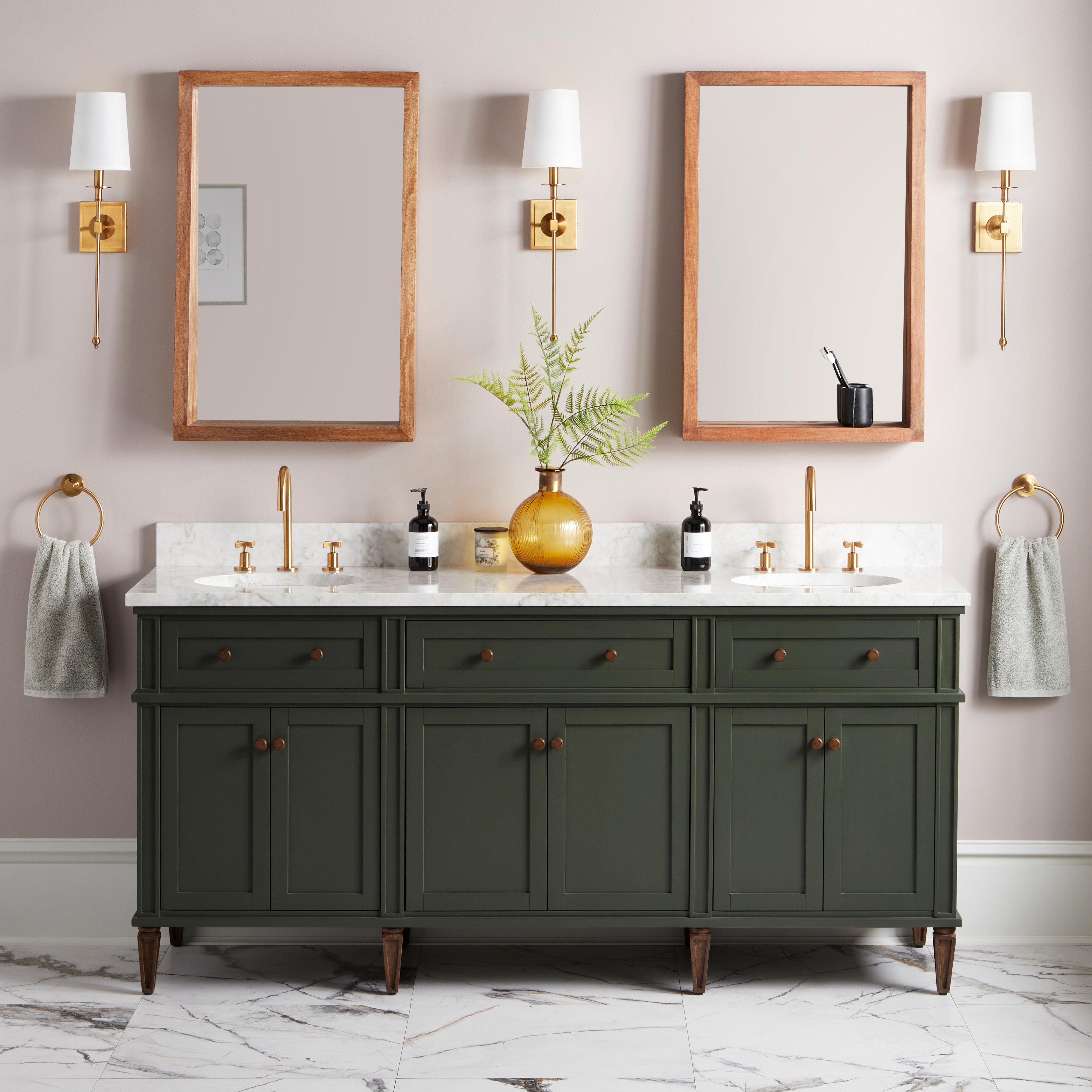 Elmdale Freestanding Mahogany Double Basin Vanity Oval Undermount Sink 8 Faucet Holes Signature Hardware Top Finish Arctic White Quartz Base