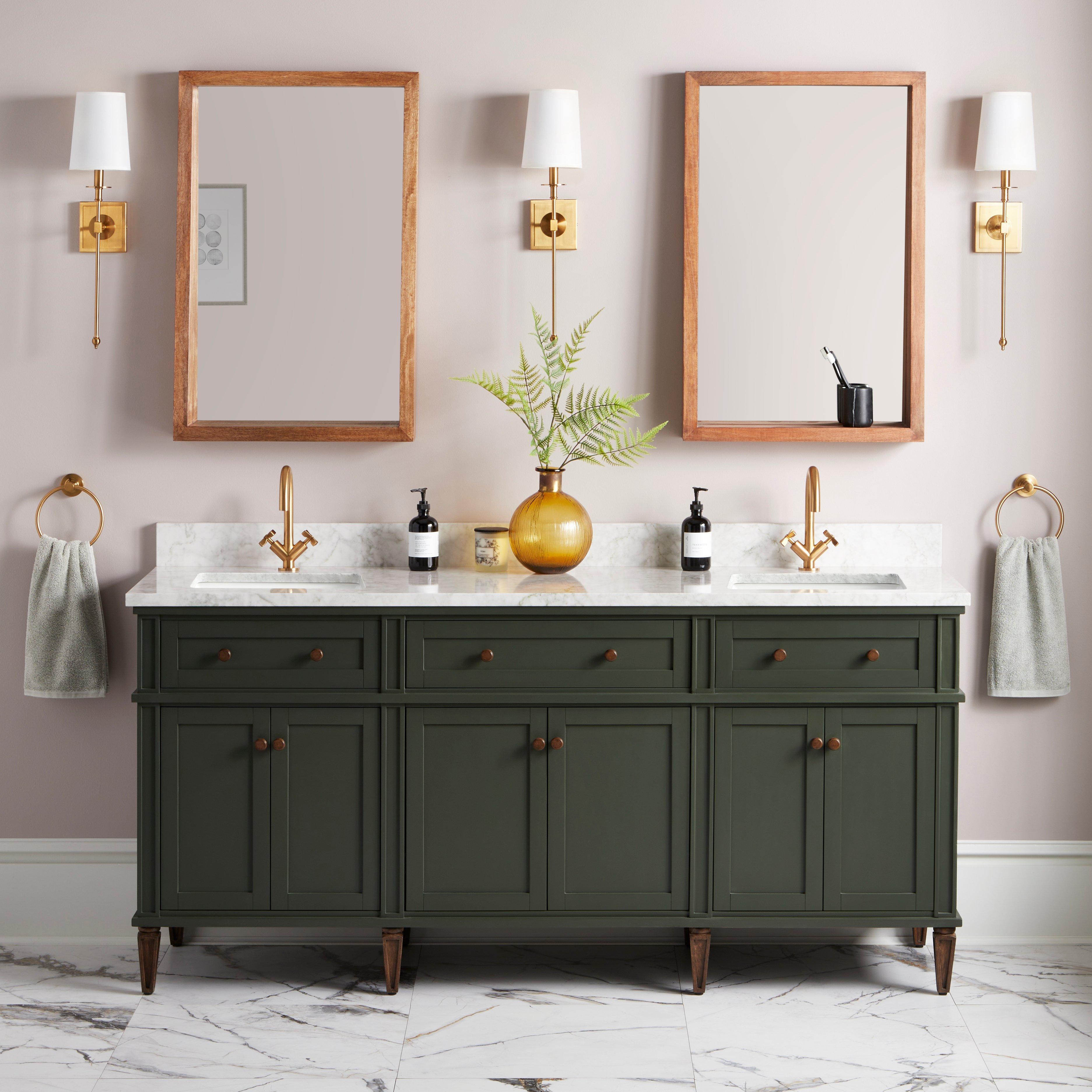 Elmdale Freestanding Mahogany Double Basin Vanity Oval Undermount Sink 8 Faucet Holes Signature Hardware Base Finish Dark Olive Green