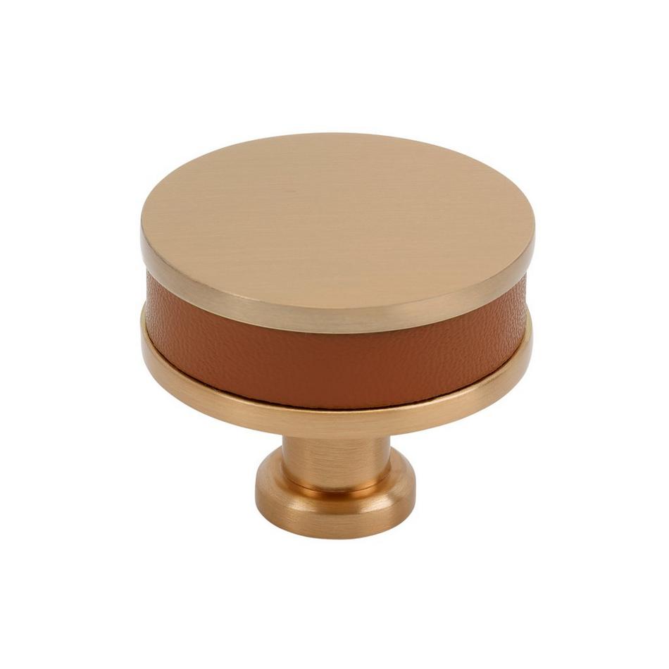 1-1/2" Lazzara Round Cabinet Knob Cognac Leather - Brushed Gold, , large image number 0