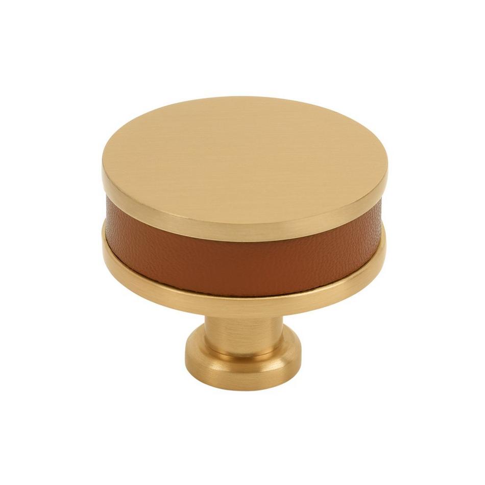 1-1/2" Lazzara Round Cabinet Knob Cognac Leather - Champagne Bronze, , large image number 0