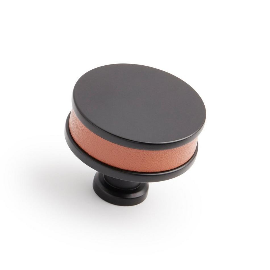 1-1/2" Lazzara Round Cabinet Knob Cognac Leather - Matte Black, , large image number 0