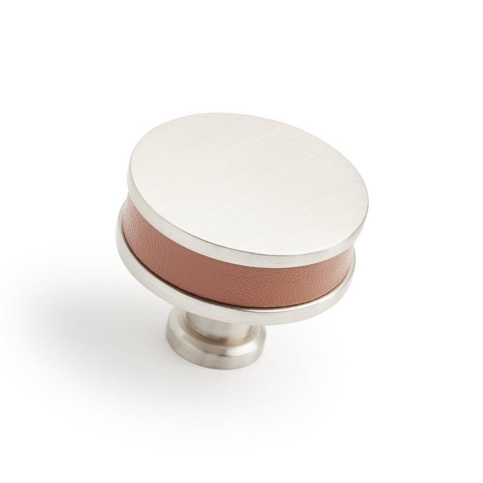 1-1/4" Lazzara Round Cabinet Knob Cognac Leather - Satin Nickel, , large image number 0