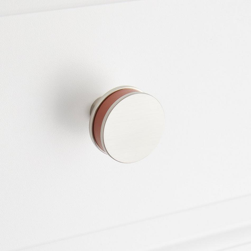 1-1/4" Lazzara Round Cabinet Knob Cognac Leather - Satin Nickel, , large image number 3