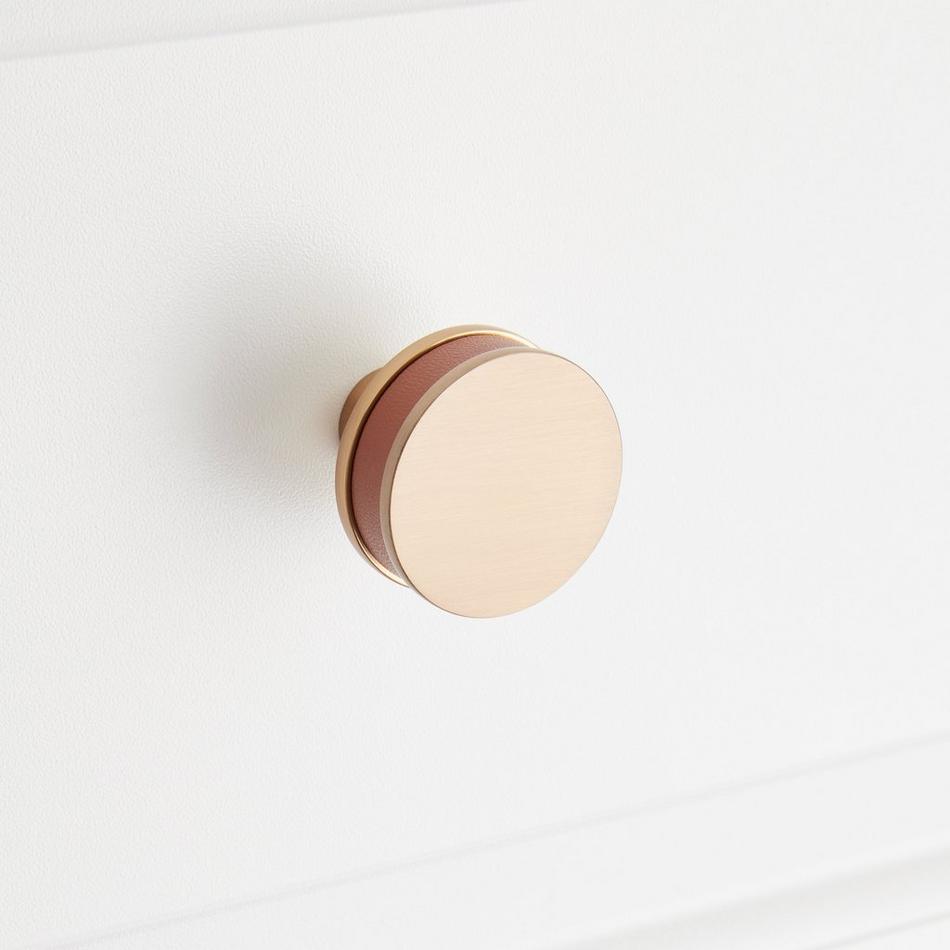 1-1/4" Lazzara Round Cabinet Knob Cognac Leather - Champagne Bronze, , large image number 3