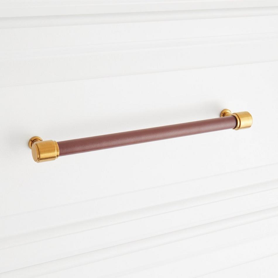 8-13/16" Lazzara Oversized Cabinet Pull Brown Leather - Brushed Gold, , large image number 3