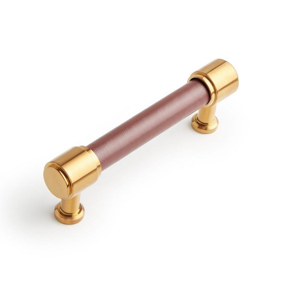 5-1/16" Lazzara Cabinet Pull Brown Leather - Brushed Gold, , large image number 0