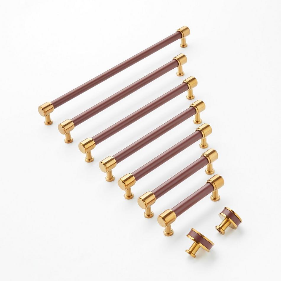 3-3/4" Lazzara Cabinet Pull Brown Leather - Brushed Gold, , large image number 1