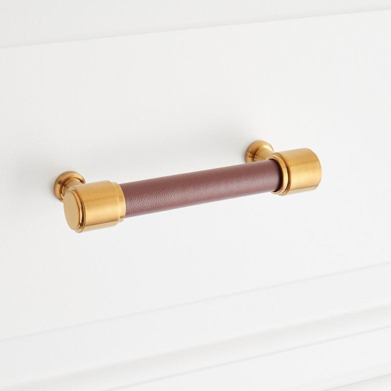 Lazzara Cabinet Pull Brown Leather - Brushed Gold