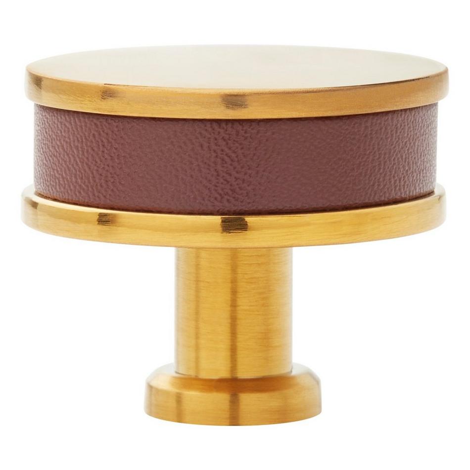 1-1/2" Lazzara Round Cabinet Knob Brown Leather - Brushed Gold, , large image number 2