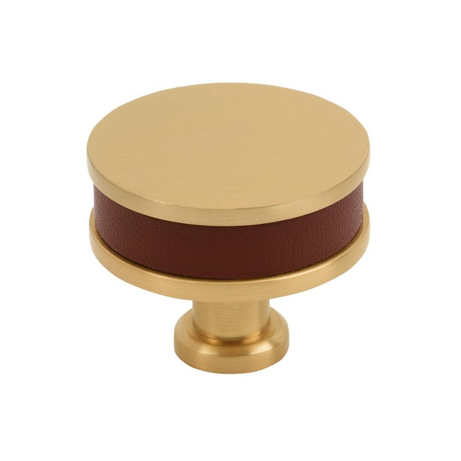 1-1/2" Lazzara Round Cabinet Knob Brown Leather - Champagne Bronze, , large image number 0