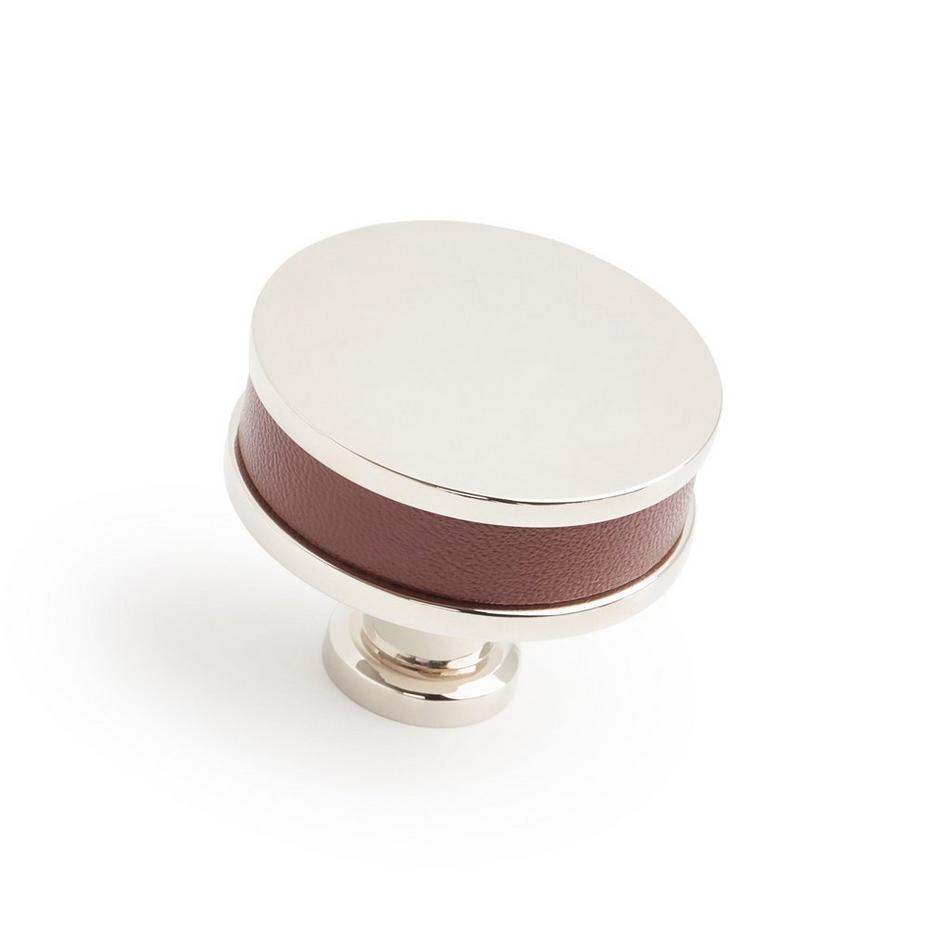 1-1/2" Lazzara Round Cabinet Knob Brown Leather - Polished Nickel, , large image number 0