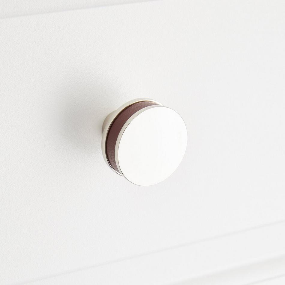1-1/2" Lazzara Round Cabinet Knob Brown Leather - Polished Nickel, , large image number 3